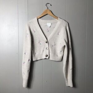 H&M RIBBED FLORAL EMBROIDERED BUTTON CROP CARDIGAN SWEATER WOMEN SIZE MEDIUM